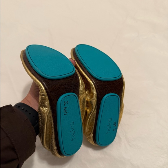 Tieks Metallic Gold Flats with Teal Stripe - Picture 6 of 6